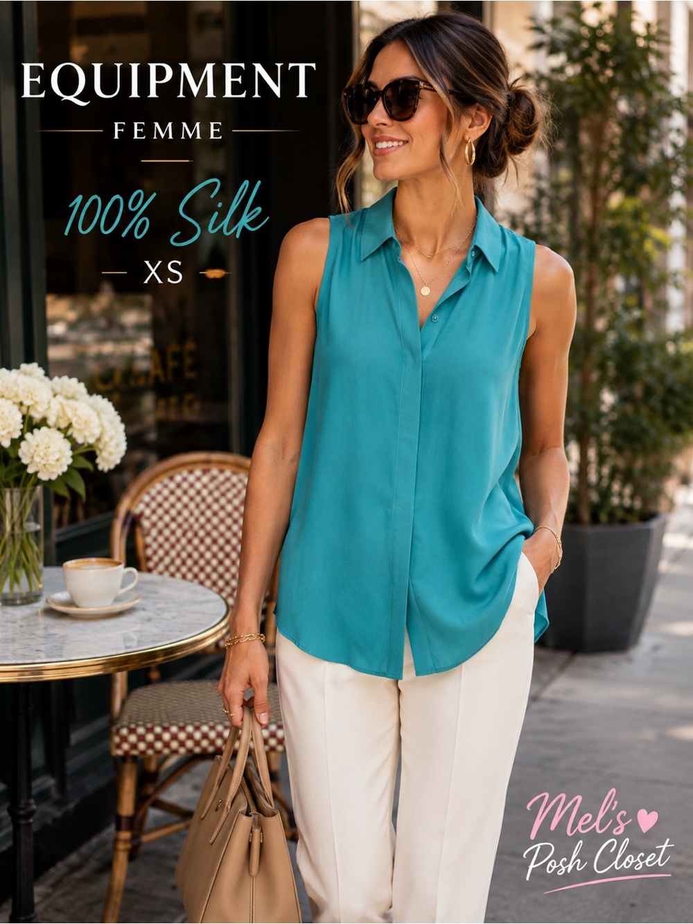 🦋🌼Equipment Teal Silk Collared Sleeveless Top🌼🦋